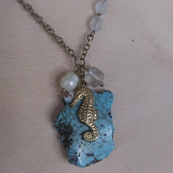 Golden Seahorse on Turquoise Stone Necklace | New - Picture 1 of 6